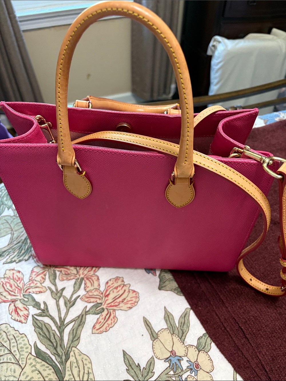 Dooney & Bourke Hot Pink Leather Tote with Wallet and Tan Trim - Picture 2 of 4